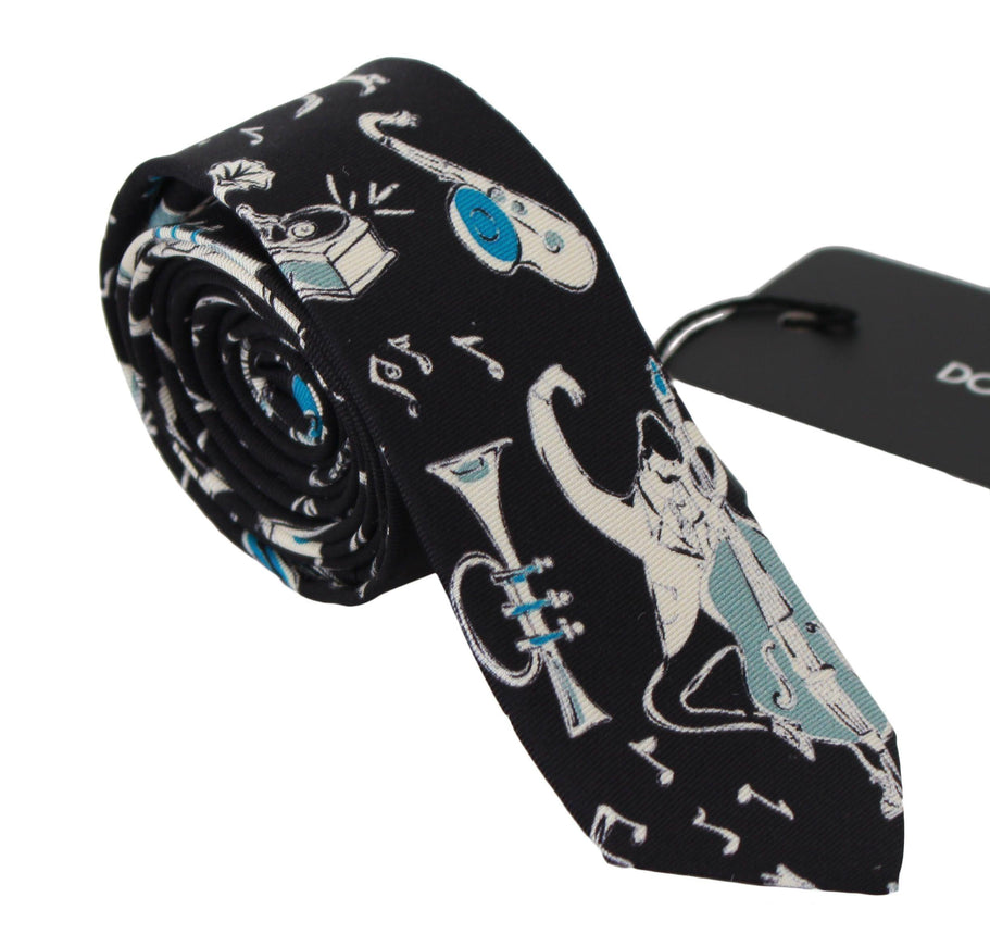 Dolce & Gabbana Black 100% Silk Musical Isntrument Print Classic Tie - Ellie Belle