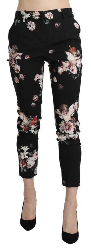 Dolce & Gabbana Black Angel Floral Cropped Trouser Wool Pants