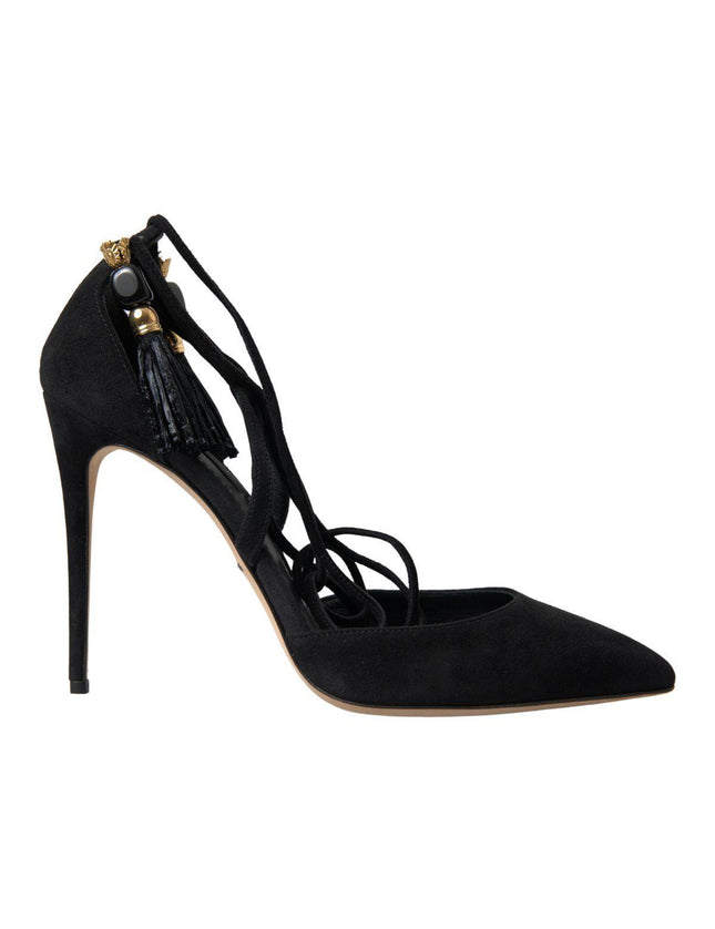 Dolce & Gabbana Black Ankle Strap Tassel Tie Suede Sandal - Ellie Belle
