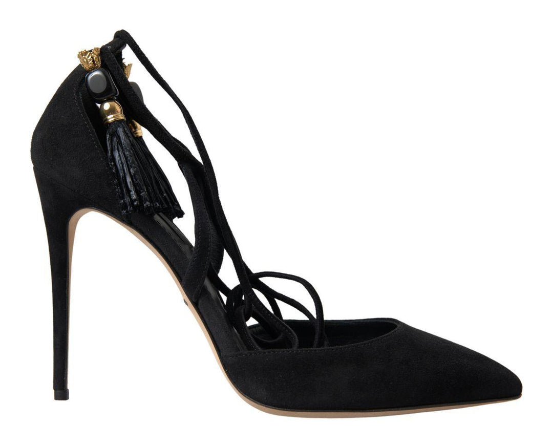 Dolce & Gabbana Black Ankle Strap Tassel Tie Suede Sandal - Ellie Belle