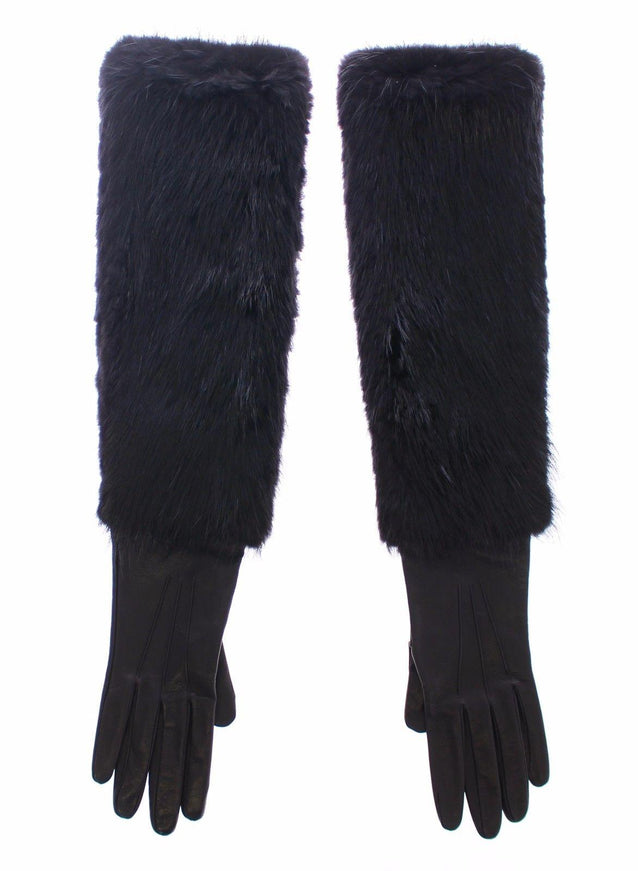 Dolce & Gabbana Black Beaver Fur Lambskin Leather Elbow Gloves - Ellie Belle