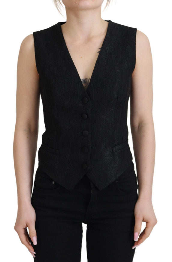 Dolce & Gabbana Black Brocade Button Down Sleeveless Vest Top - Ellie Belle