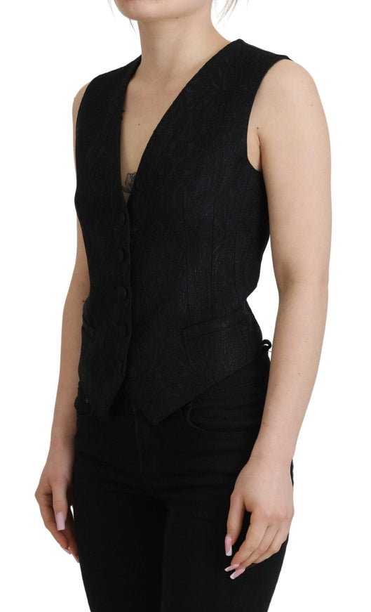 Dolce & Gabbana Black Brocade Button Down Sleeveless Vest Top - Ellie Belle