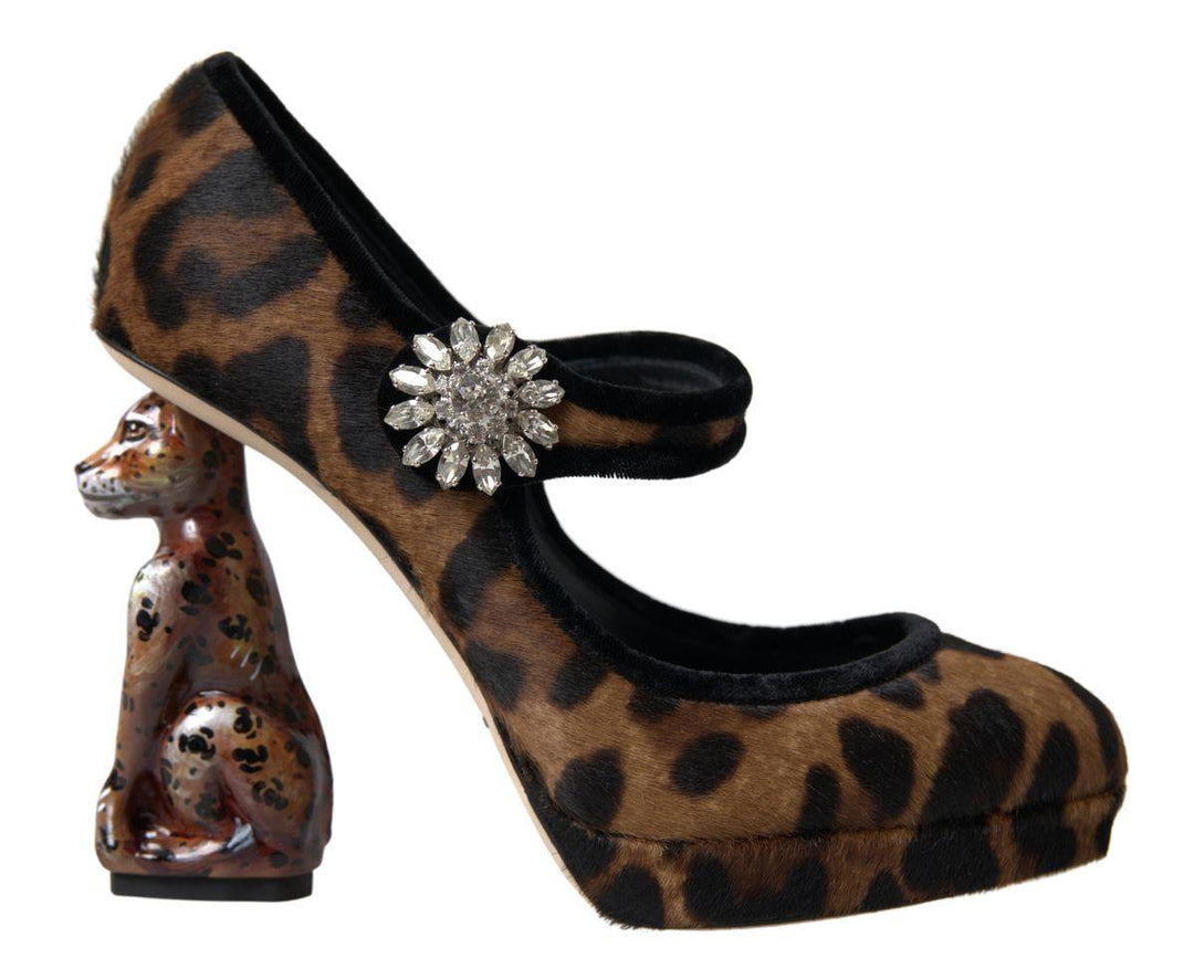 Dolce & Gabbana Black Brown Calf Leopard Heel Mary Jane Pump Shoes - Ellie Belle