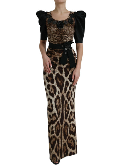 Dolce & Gabbana Black Brown Leopard Embellished Sheath Gown Dress - Ellie Belle