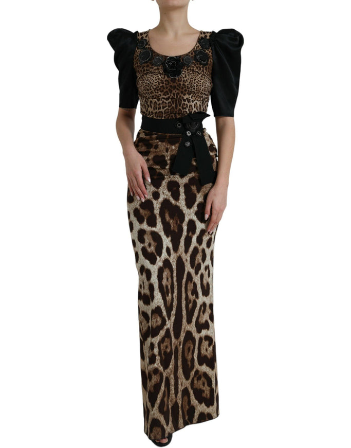 Dolce & Gabbana Black Brown Leopard Embellished Sheath Gown Dress - Ellie Belle