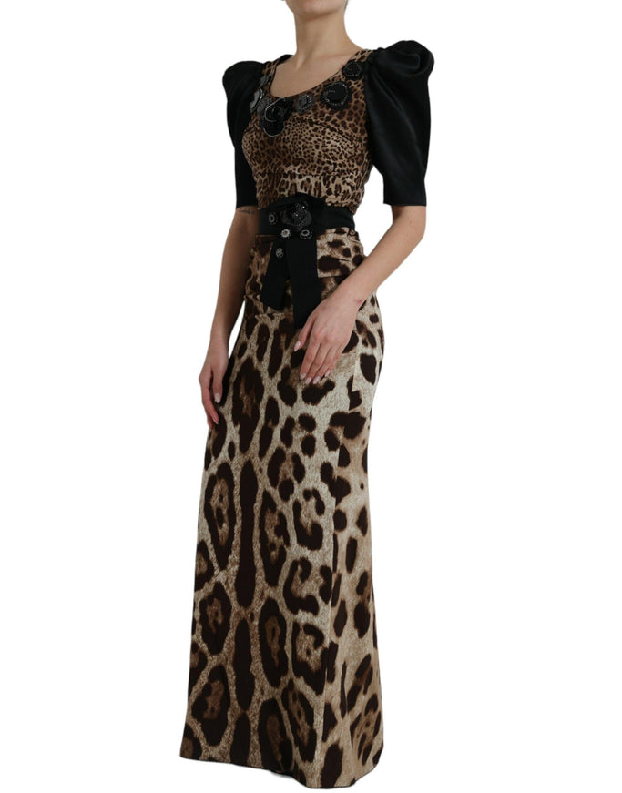 Dolce & Gabbana Black Brown Leopard Embellished Sheath Gown Dress - Ellie Belle