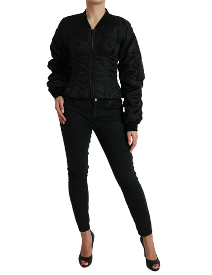 Dolce & Gabbana Black Bustier Nylon Full Zip Blouson Jacket - Ellie Belle