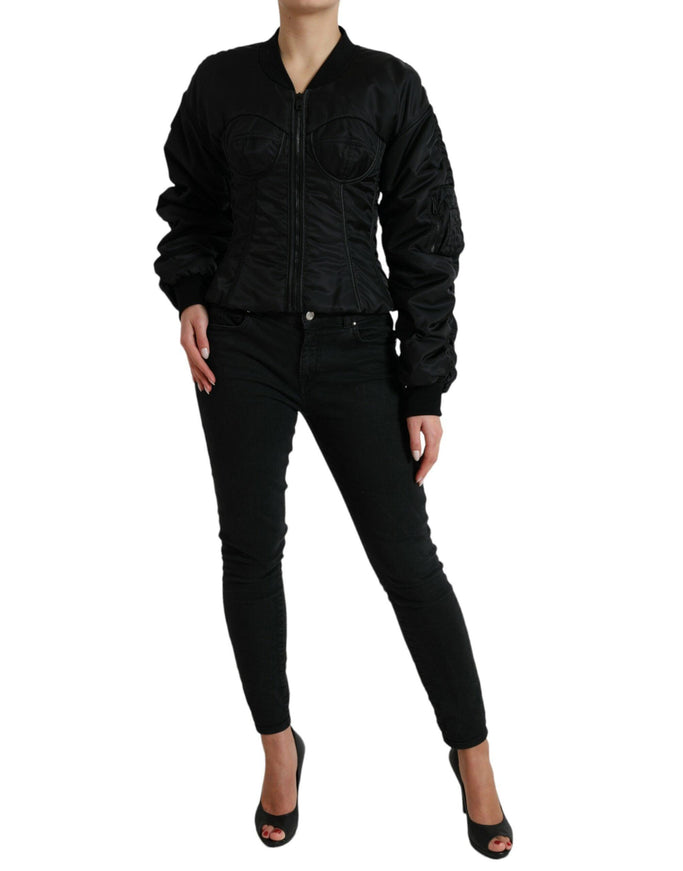 Dolce & Gabbana Black Bustier Nylon Full Zip Blouson Jacket - Ellie Belle