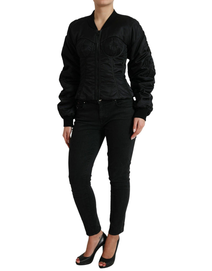 Dolce & Gabbana Black Bustier Nylon Full Zip Blouson Jacket - Ellie Belle