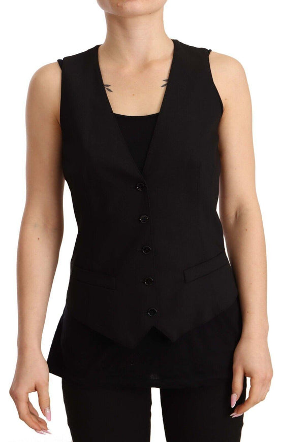 Dolce & Gabbana Black Button Down Sleeveless Vest Wool Top - Ellie Belle