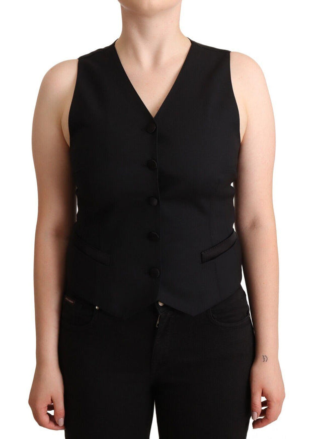 Dolce & Gabbana Black Button Down Sleeveless Viscose Vest Top - Ellie Belle