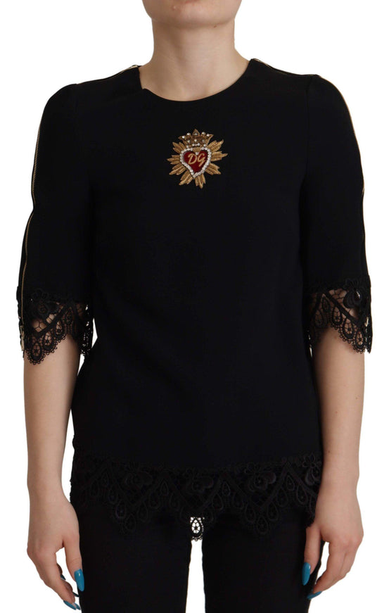 Dolce & Gabbana Black Cady Lace Trim Bead Embellished Logo Blouse - Ellie Belle