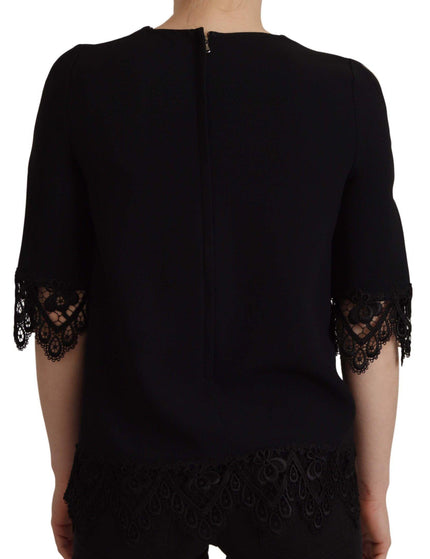 Dolce & Gabbana Black Cady Lace Trim Bead Embellished Logo Blouse - Ellie Belle