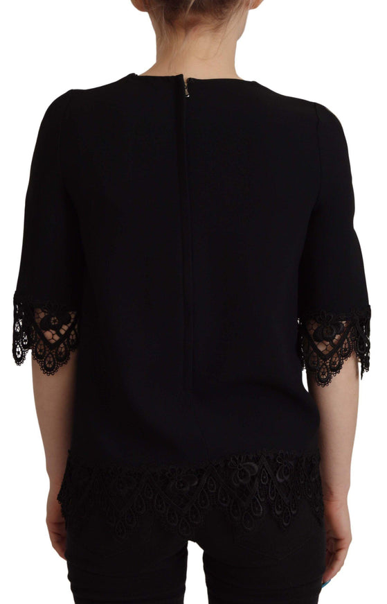 Dolce & Gabbana Black Cady Lace Trim Bead Embellished Logo Blouse - Ellie Belle