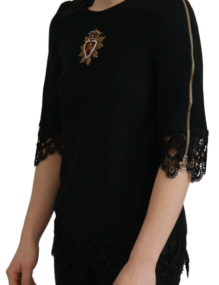 Dolce & Gabbana Black Cady Lace Trim Bead Embellished Logo Blouse - Ellie Belle
