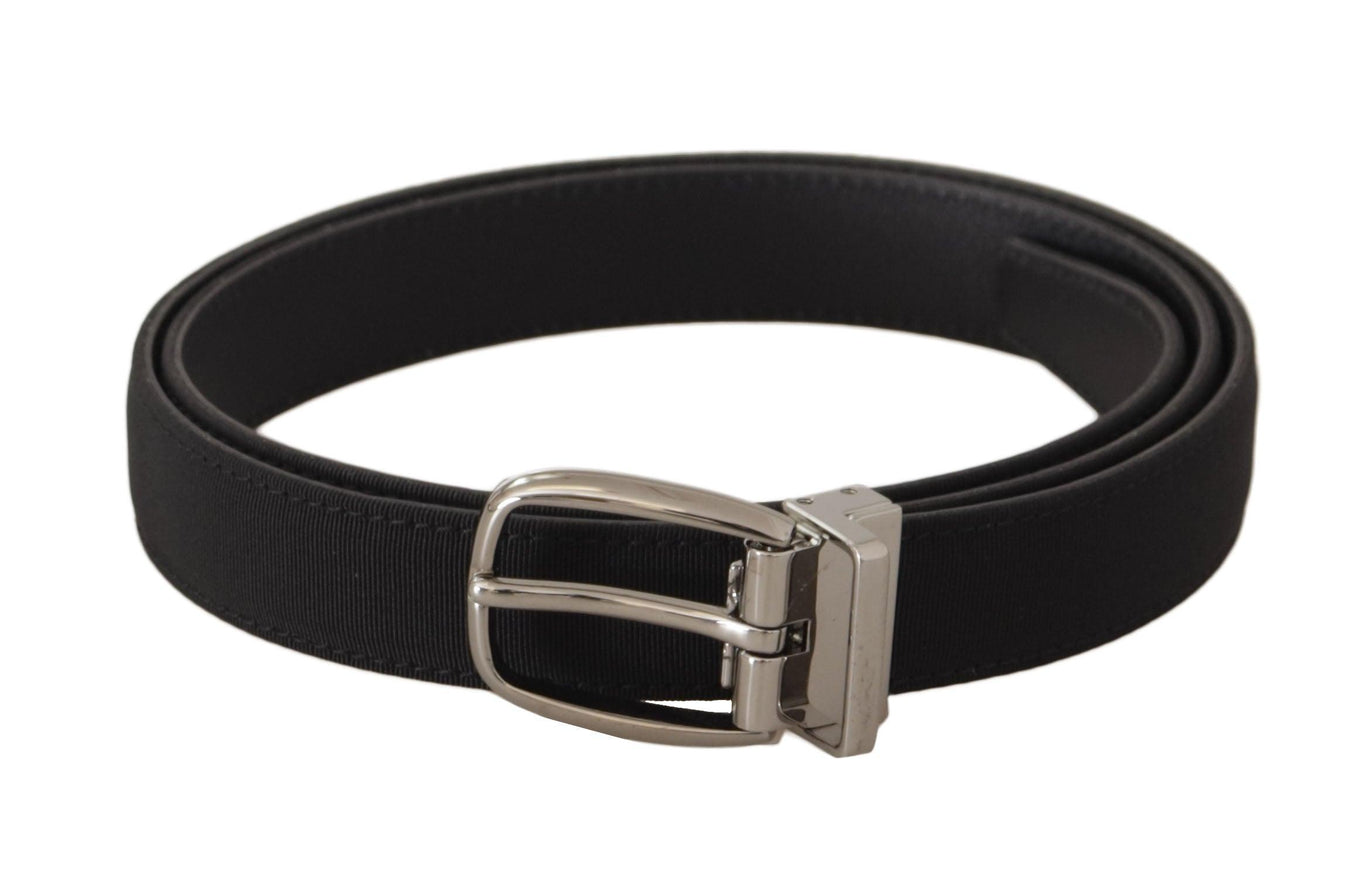 Dolce & Gabbana Black Calf Canvas Silver Tone Logo Metal Belt - Ellie Belle