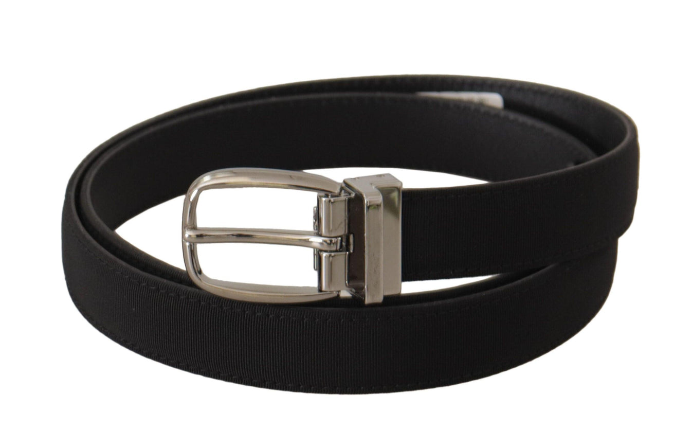 Dolce & Gabbana Black Calf Canvas Silver Tone Logo Metal Belt - Ellie Belle