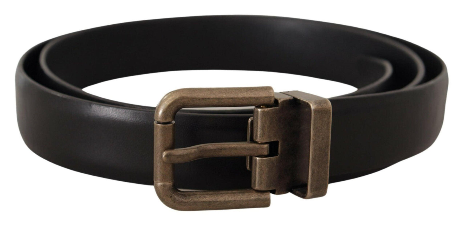 Dolce & Gabbana Black Calf Leather Brushed Brass Box Buckle Belt - Ellie Belle