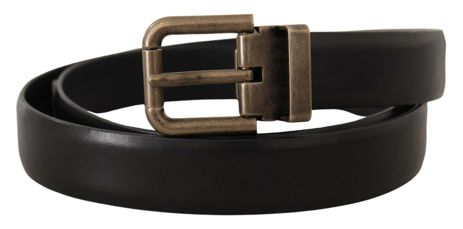 Dolce & Gabbana Black Calf Leather Brushed Brass Box Buckle Belt - Ellie Belle