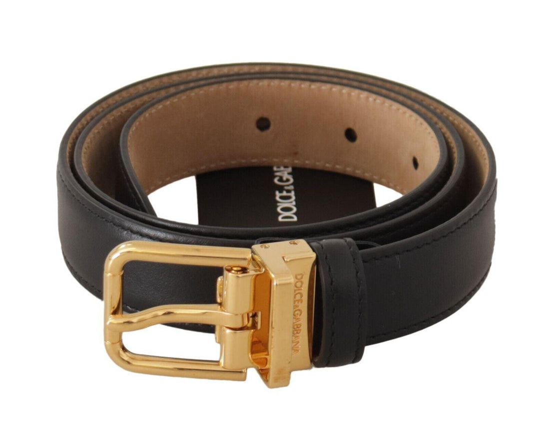 Dolce & Gabbana Black Calf Leather Gold Metal Logo Waist Buckle Belt - Ellie Belle