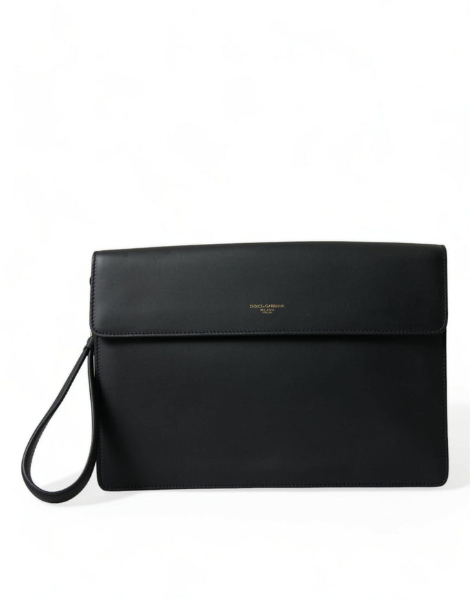 Dolce & Gabbana Black Calf Leather Large Logo Document Holder Clutch Bag - Ellie Belle