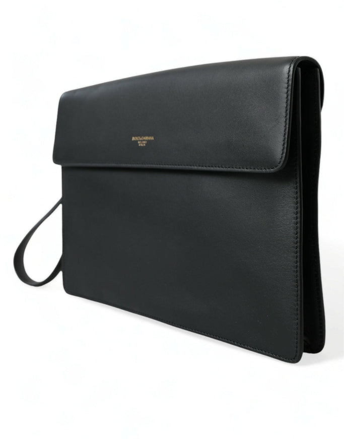 Dolce & Gabbana Black Calf Leather Large Logo Document Holder Clutch Bag - Ellie Belle