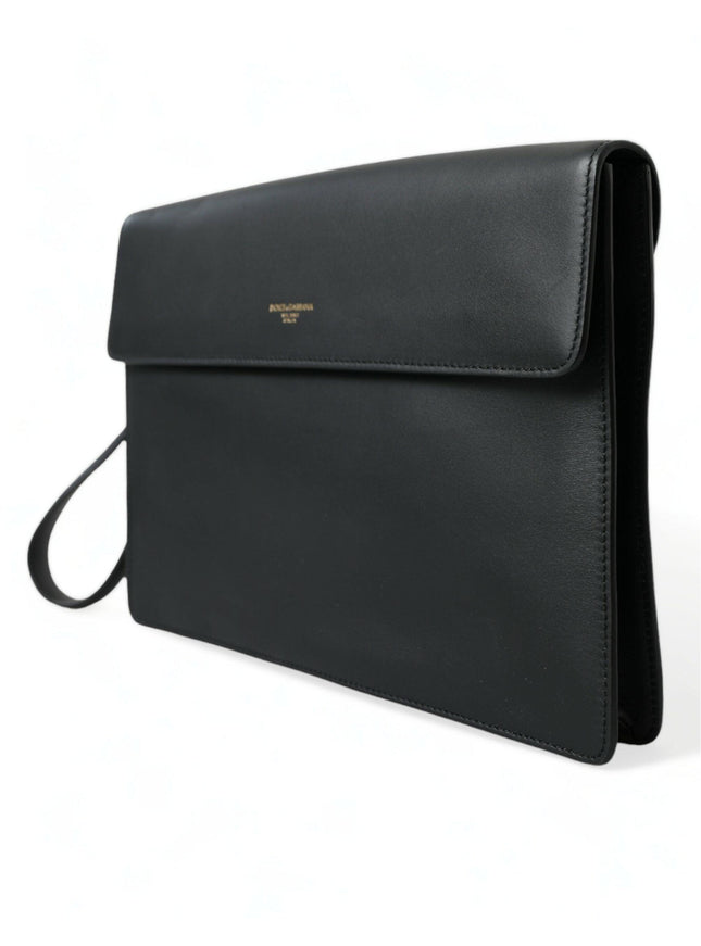 Dolce & Gabbana Black Calf Leather Large Logo Document Holder Clutch Bag - Ellie Belle