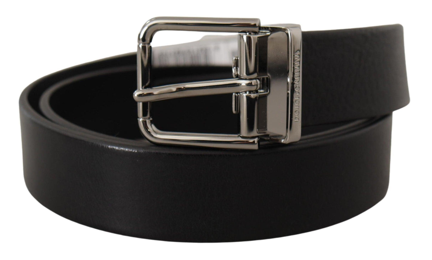 Dolce & Gabbana Black Calf Leather Logo Engraved Metal Buckle Belt - Ellie Belle