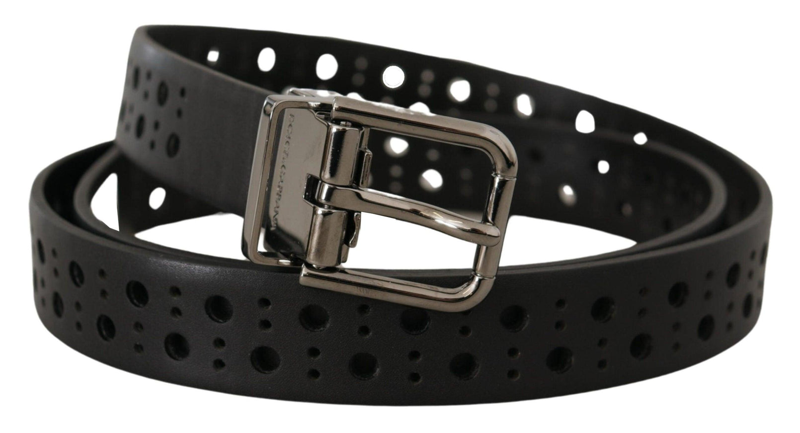 Dolce & Gabbana Black Calf Leather Perforated Metal Buckle Belt - Ellie Belle