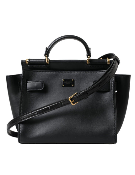 Dolce & Gabbana Black Calf Leather Sicily 62 Top Handle Logo Plaque Bag - Ellie Belle