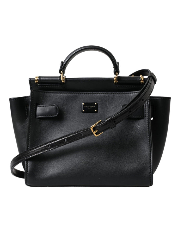 Dolce & Gabbana Black Calf Leather Sicily 62 Top Handle Logo Plaque Bag - Ellie Belle