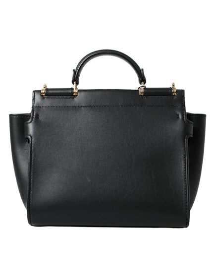 Dolce & Gabbana Black Calf Leather Sicily 62 Top Handle Logo Plaque Bag - Ellie Belle