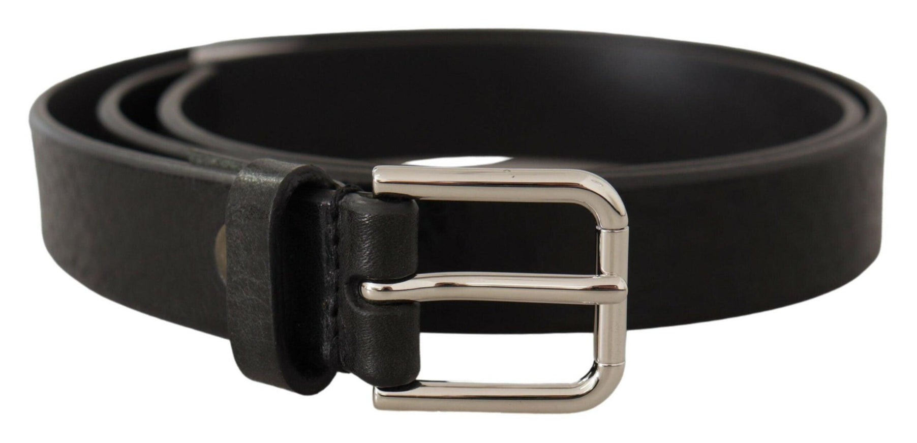 Dolce & Gabbana Black Calf Leather Silver Tone Logo Metal Buckle Belt - Ellie Belle