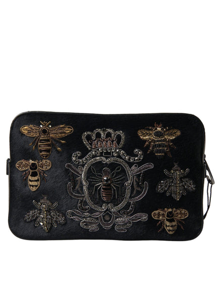 Dolce & Gabbana Black Calfskin Leather Bee Embellished Clutch Bag - Ellie Belle
