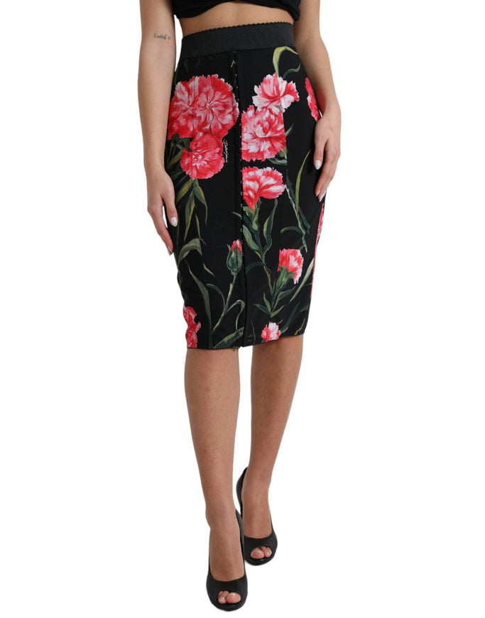 Dolce & Gabbana Black Carnation Pencil Cut Knee Length Skirt - Ellie Belle