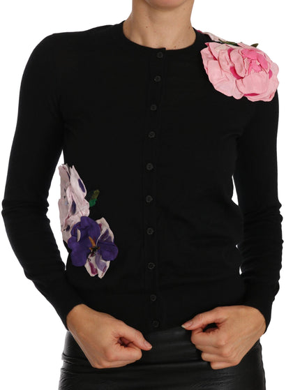 Dolce & Gabbana Black Cashmere Cardigan Floral Sweater - Ellie Belle