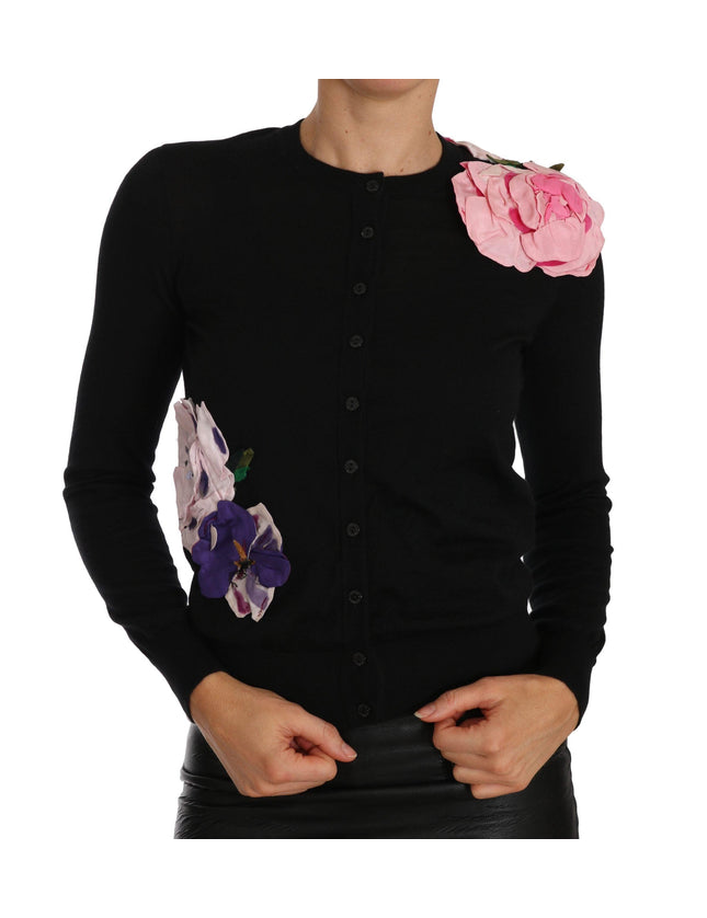 Dolce & Gabbana Black Cashmere Cardigan Floral Sweater - Ellie Belle