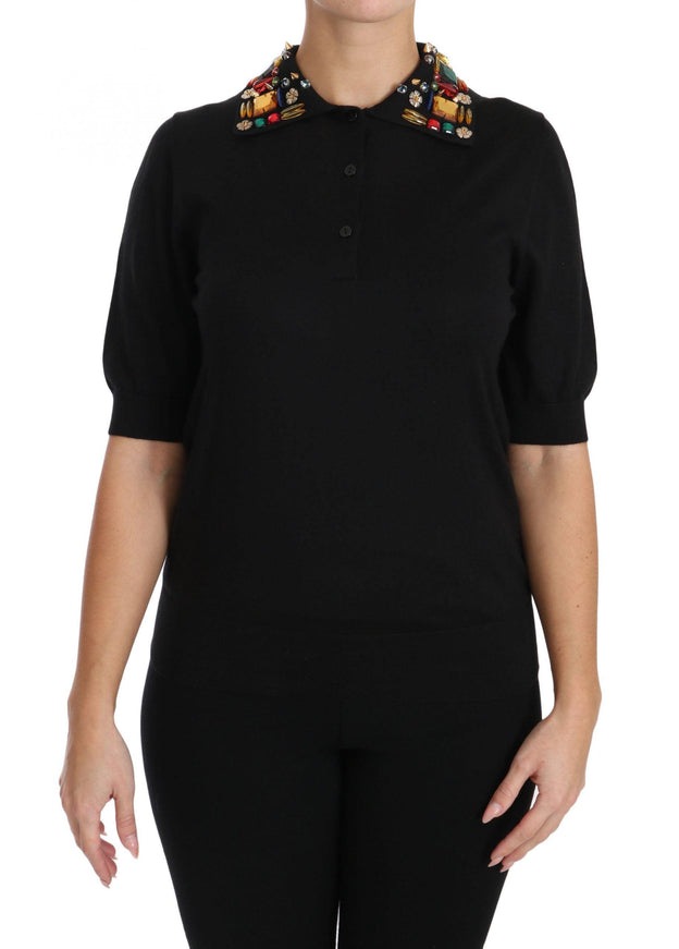 Dolce & Gabbana Black Cashmere Crystal Collar Top T-Shirt