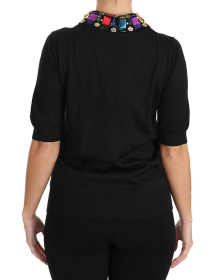 Dolce & Gabbana Black Cashmere Crystal Collar Top T-Shirt - Ellie Belle