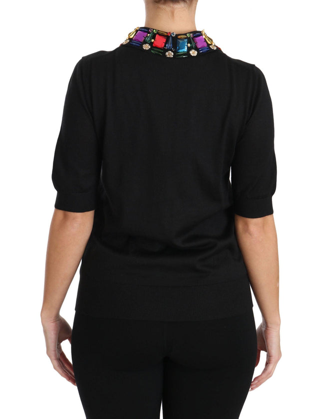 Dolce & Gabbana Black Cashmere Crystal Collar Top T-Shirt - Ellie Belle