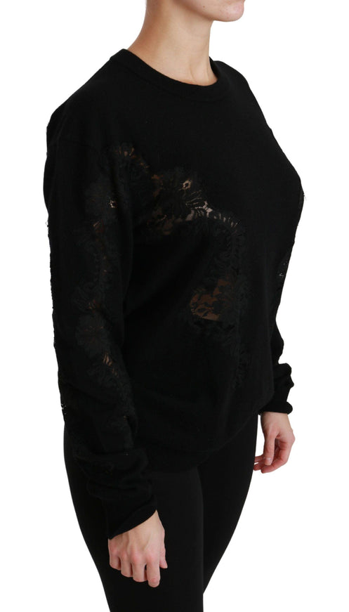 Dolce & Gabbana Black Cashmere Floral Lace Cutout Sweater