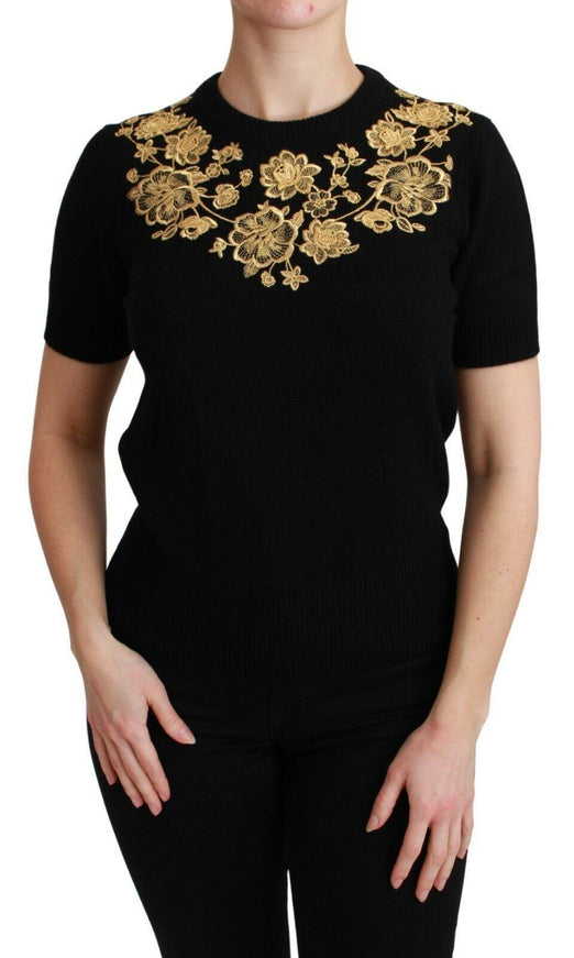 Dolce & Gabbana Black Cashmere Gold Floral Sweater Top - Ellie Belle