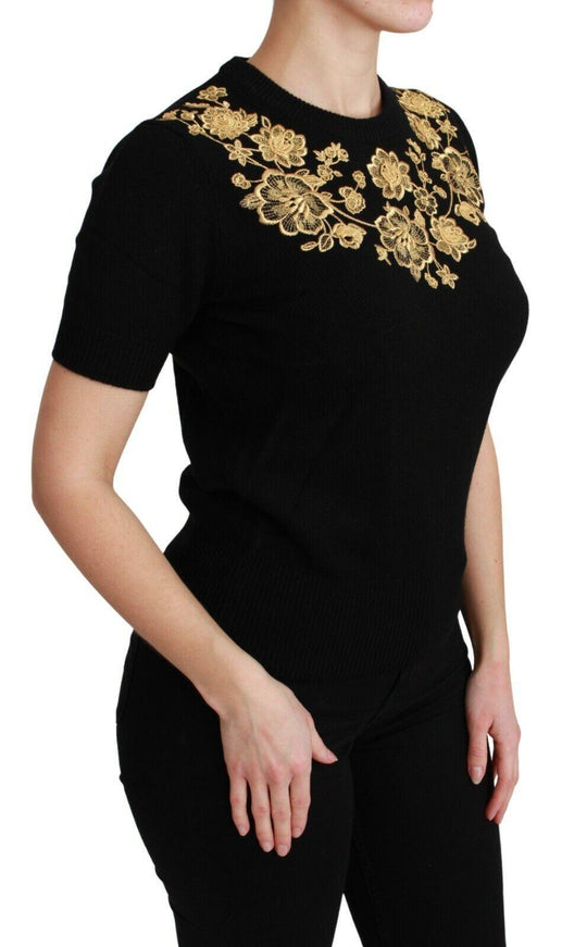 Dolce & Gabbana Black Cashmere Gold Floral Sweater Top - Ellie Belle