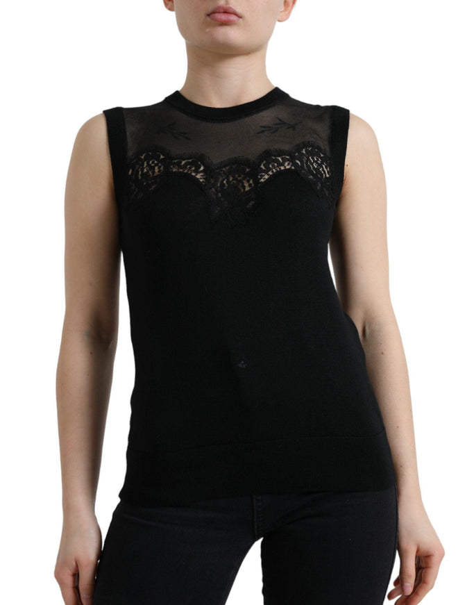 Dolce & Gabbana Black Cashmere Lace Trim Sleeveless Tank Top - Ellie Belle