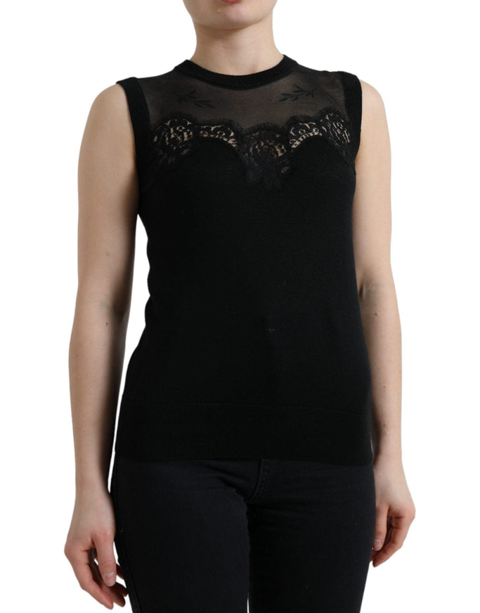 Dolce & Gabbana Black Cashmere Lace Trim Sleeveless Tank Top - Ellie Belle