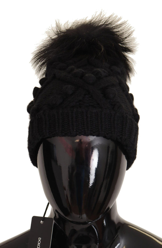 Dolce & Gabbana Black Cashmere Twisted knit Pompom Hat - Ellie Belle