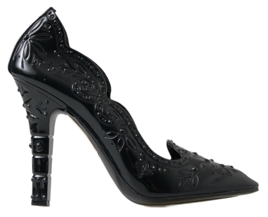 Dolce & Gabbana Black CINDERELLA Floral Crystal Heels Shoes - Ellie Belle