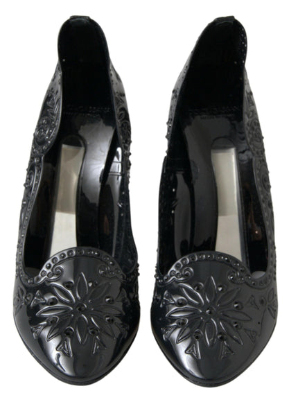 Dolce & Gabbana Black CINDERELLA Floral Crystal Heels Shoes - Ellie Belle