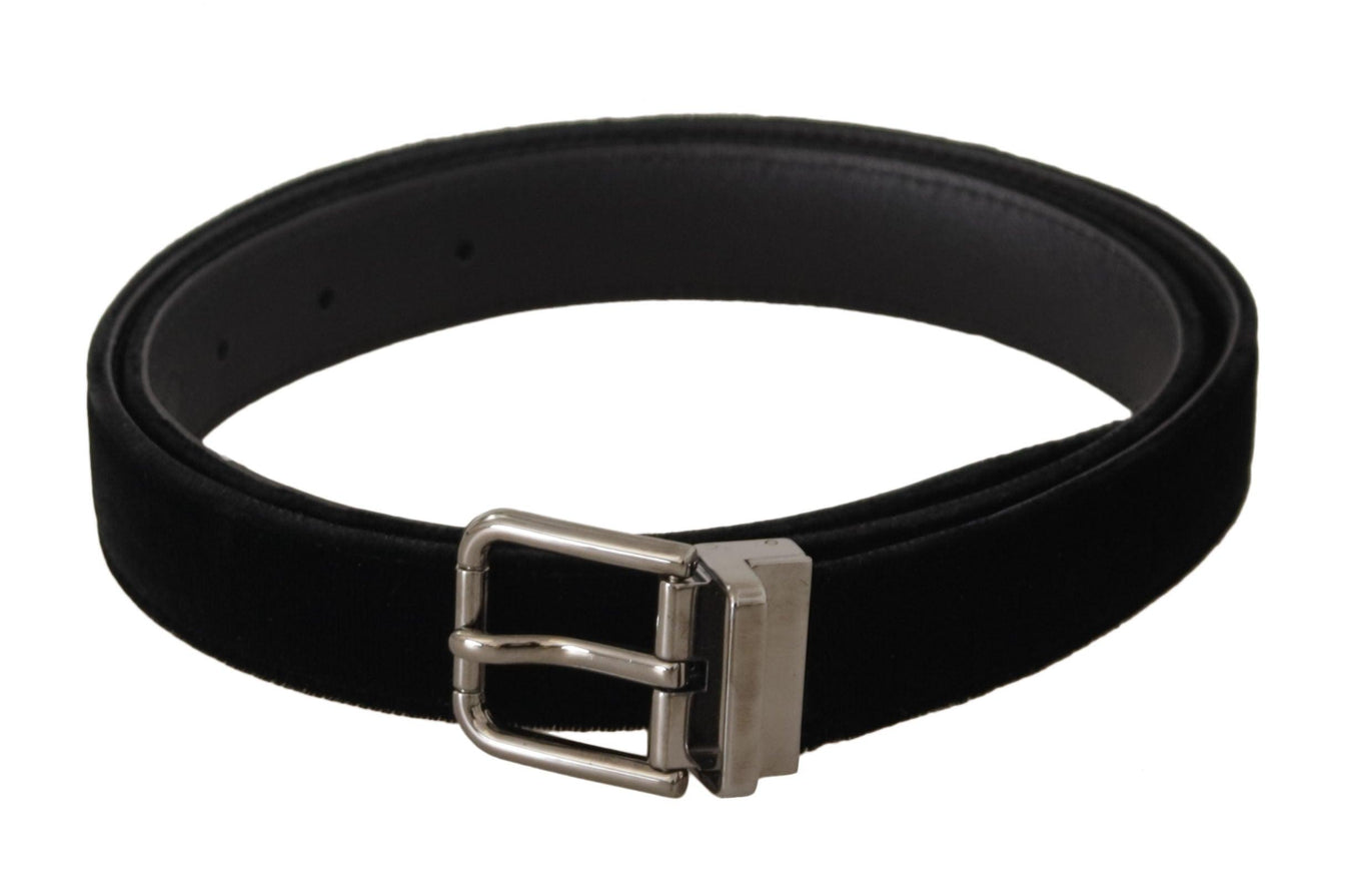 Dolce & Gabbana Black Classic Velvet Logo Engraved Metal Buckle Belt - Ellie Belle